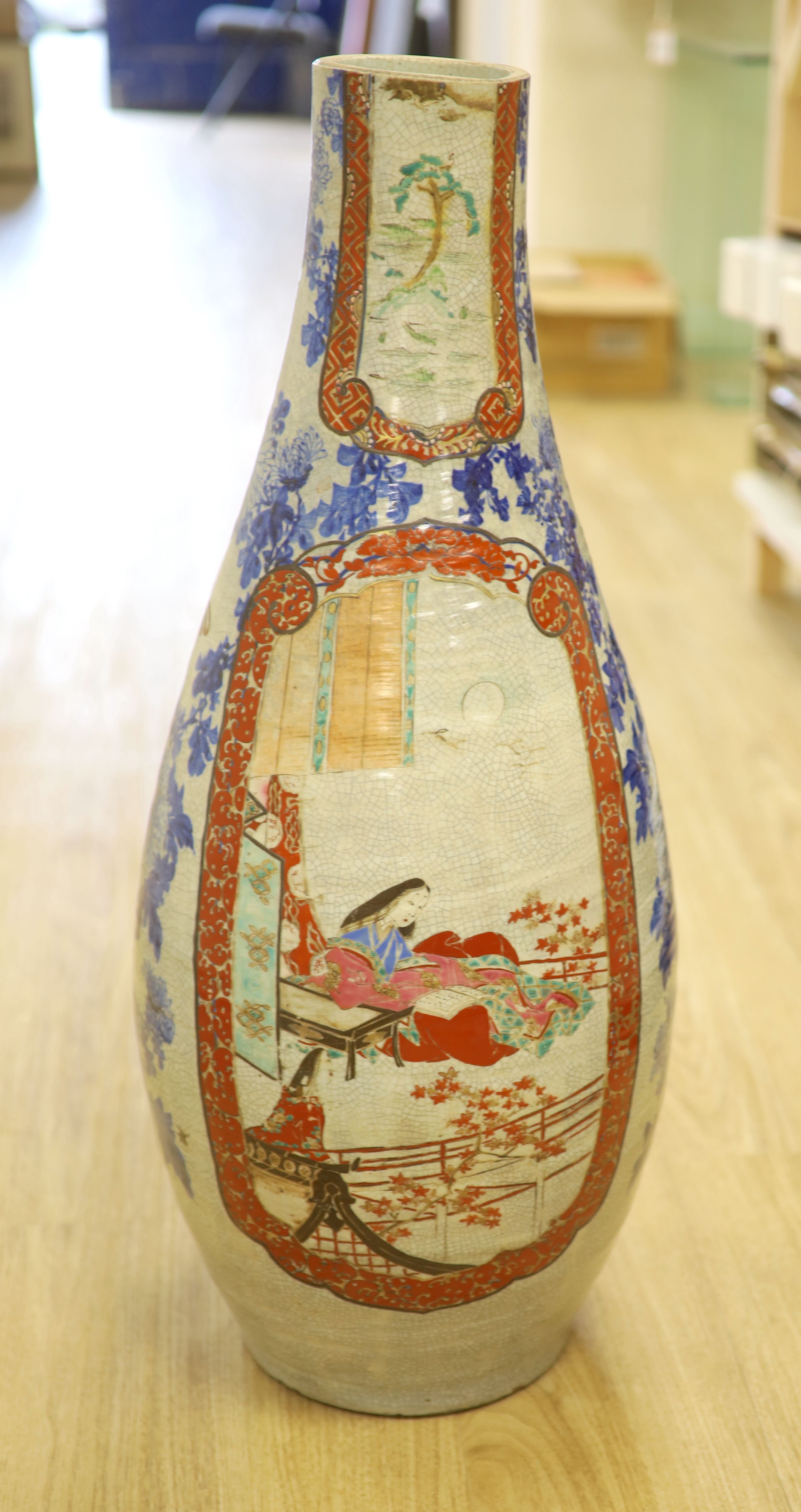 A large Japanese ceramic bottle vase, neck ground down, height 76cm